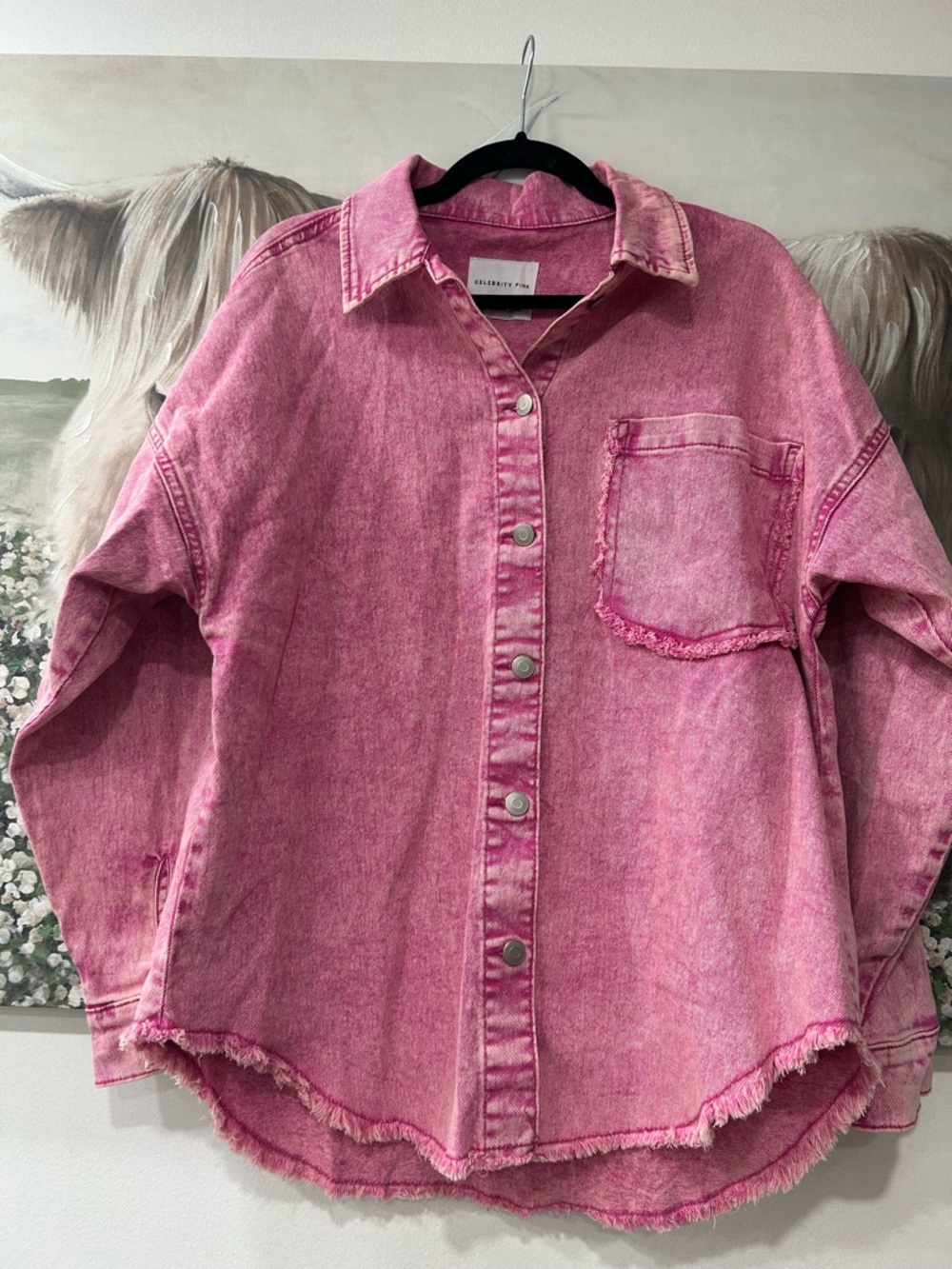 Celebrity Pink Womens Acid Wash Denim Shirt Jacket Pink Frayed Hem Shacket
